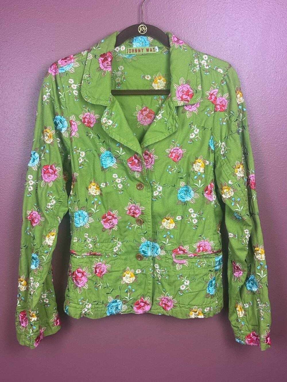 Johnny Was Rose Embroidered Green Button-Up Blazer Size Large